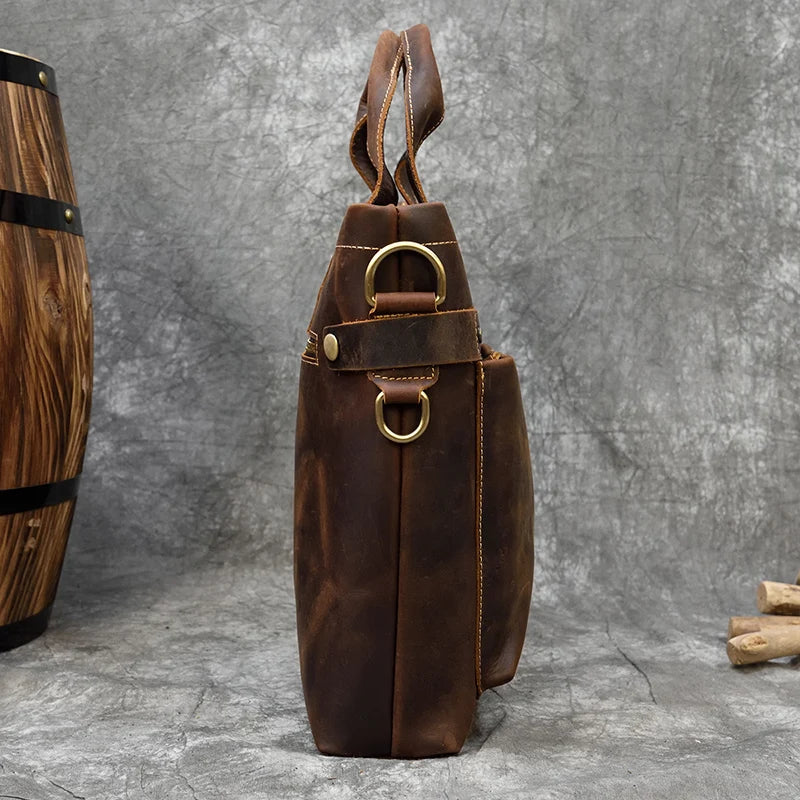 High Fashion Crazy Horse Luxury Men Leather Handbags Men'S Laptop Handbag Briefcase Shoulder Bag with Notebook Compartment