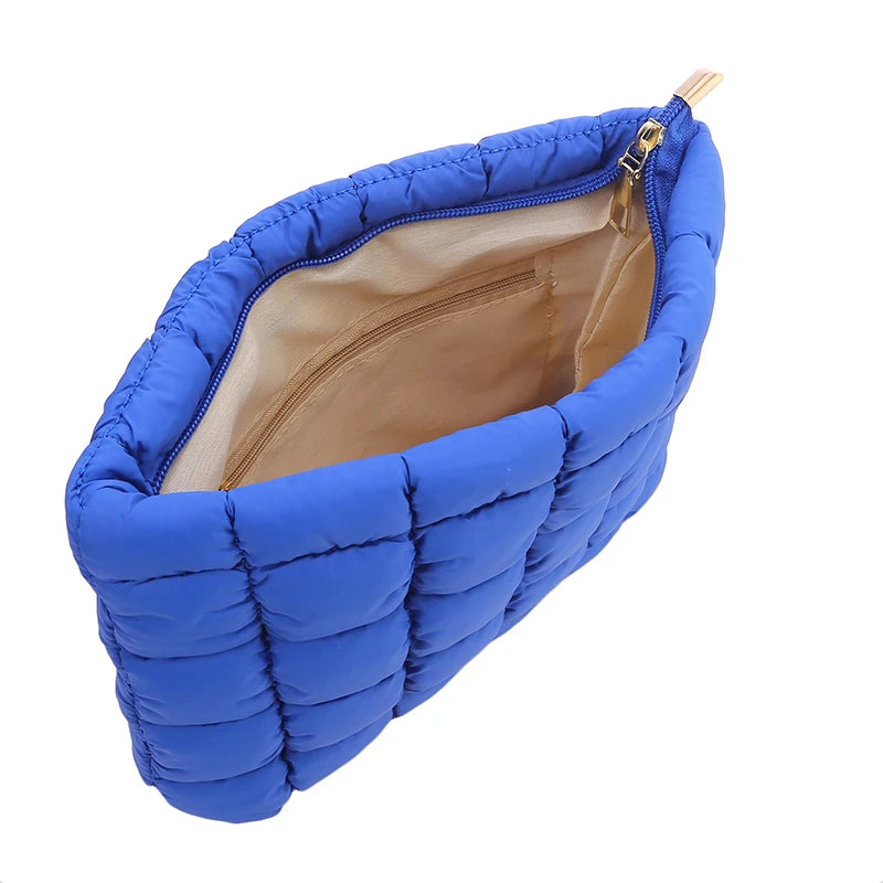 Women Cosmetic Pouch Cotton Padded Quilted Makeup Pouch Large Capacity Makeup Organizer Tote Bag Solid Color Cosmetic Handbags
