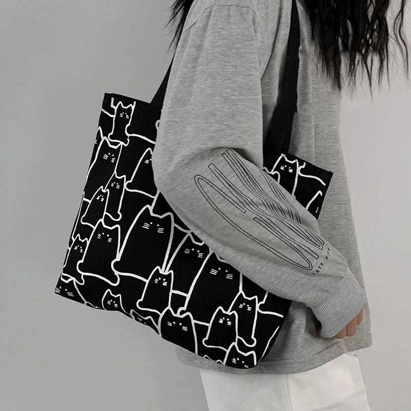 Cute Cat Shopper Handbags Shoulder Fashion Canvas Casual Shopping Girls Women Graphic Tote Bagjapanese Cartoon Small Shoulder