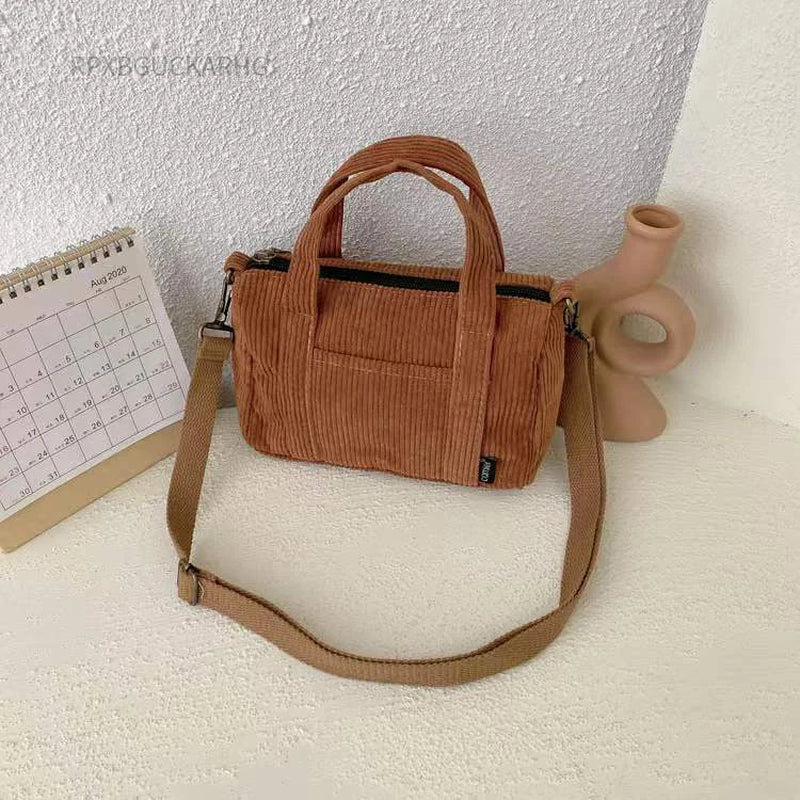 Corduroy Shoulder Bag Women Vintage Shopping Bags Zipper Girls Student Bookbag Handbags Casual Tote with outside Pocket