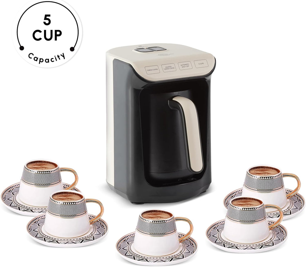 Hatır Köz Turkish Coffee Machine for 5 People, 535W, Fully Automatic, Simple & Traditional Turkish Coffee Maker, Cream
