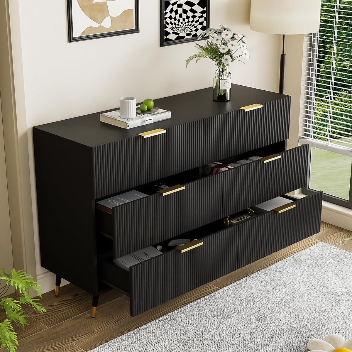Chest of Drawers Bedroom with Elegant Golden Handles, Ample Storage Space, Stylish and Functional Sideboards for Living Room, Contemporary Storage Cabinet with Sleek Modern Design, Black