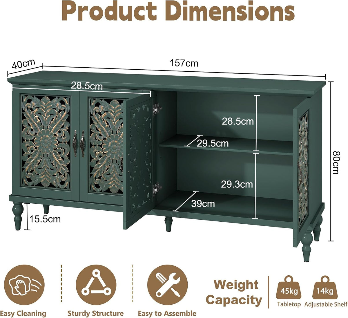 Sideboard Storage Cabinet with 4 Doors, Vintage Hollow Floral Carving Accent Cabinet, Green Wooden Buffet Storage Sideboards for Living Room, Dining Room, Hallway
