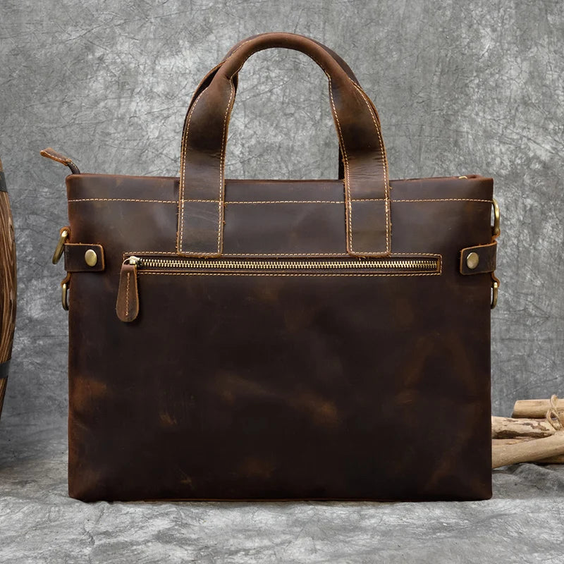 High Fashion Crazy Horse Luxury Men Leather Handbags Men'S Laptop Handbag Briefcase Shoulder Bag with Notebook Compartment