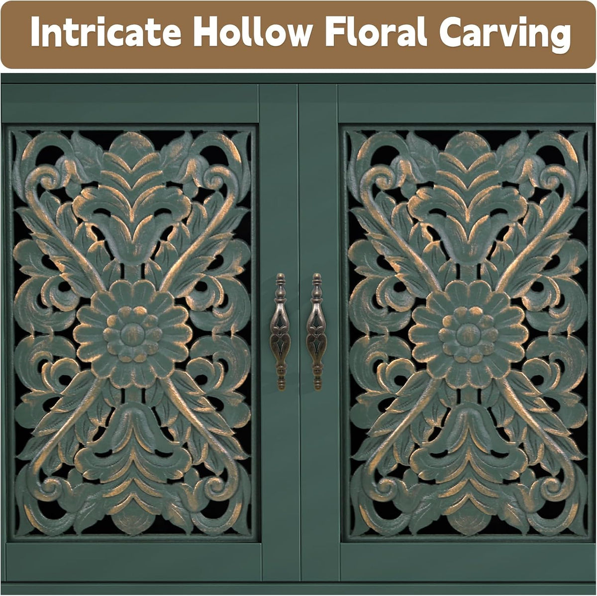 Sideboard Storage Cabinet with 4 Doors, Vintage Hollow Floral Carving Accent Cabinet, Green Wooden Buffet Storage Sideboards for Living Room, Dining Room, Hallway