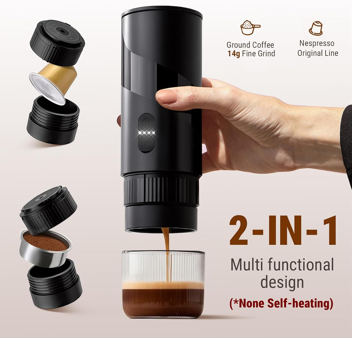 2 in 1 Portable Electric Coffee Maker None Self-Heating, 20-Bar Portable Espresso Maker Rechargable, Travel Coffee Maker for Car, Camping, Office, Compatible with Coffee Powder and Nespresso Capsule