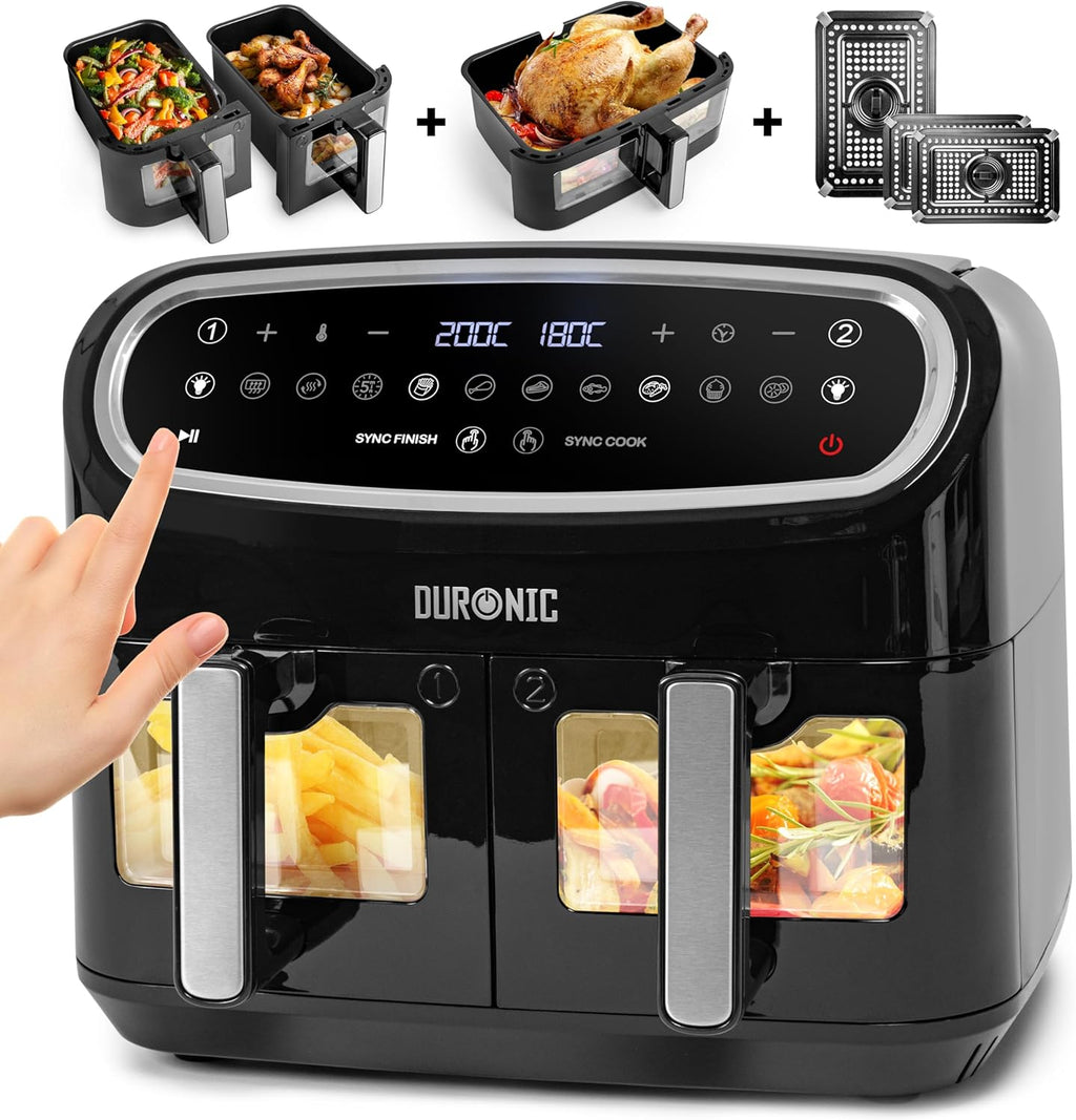 XXL Air Fryer AF34 BK 10L Digital Family Size Air Fryers Oil Free Triple Drawers 10In1 Dual Zone Extra Large Airfryer for Family Cooking with Dishwasher Safe Non-Stick Baskets Black