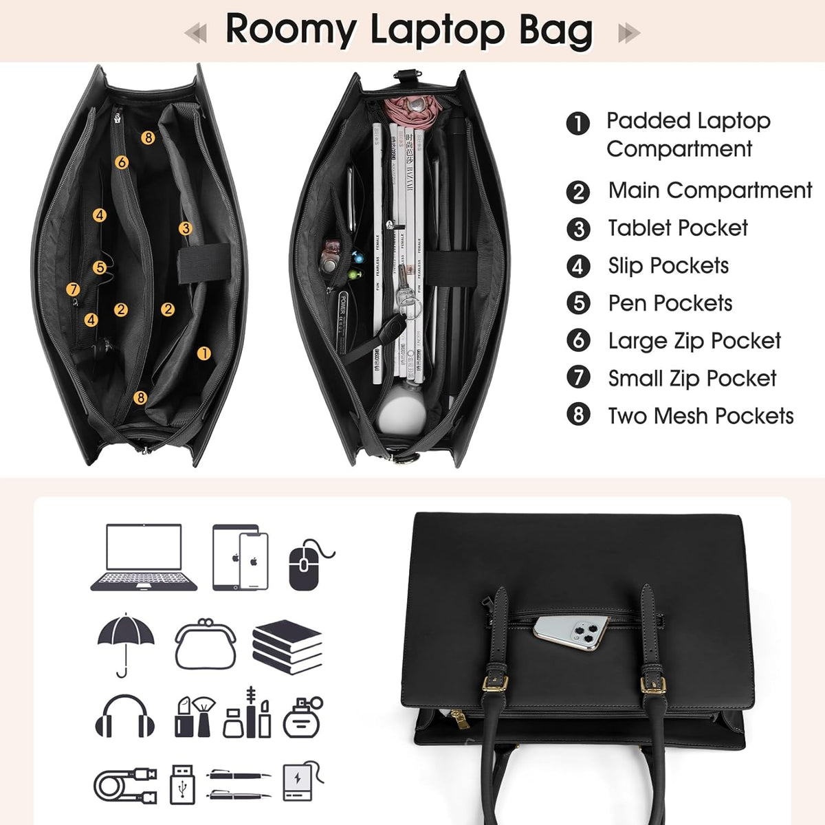 Laptop Bags for Women 15.6 Inch Tote Bag Large Leather Ladies Handbags Shoulder Bags Designer Women'S Totes for Work School Business Black