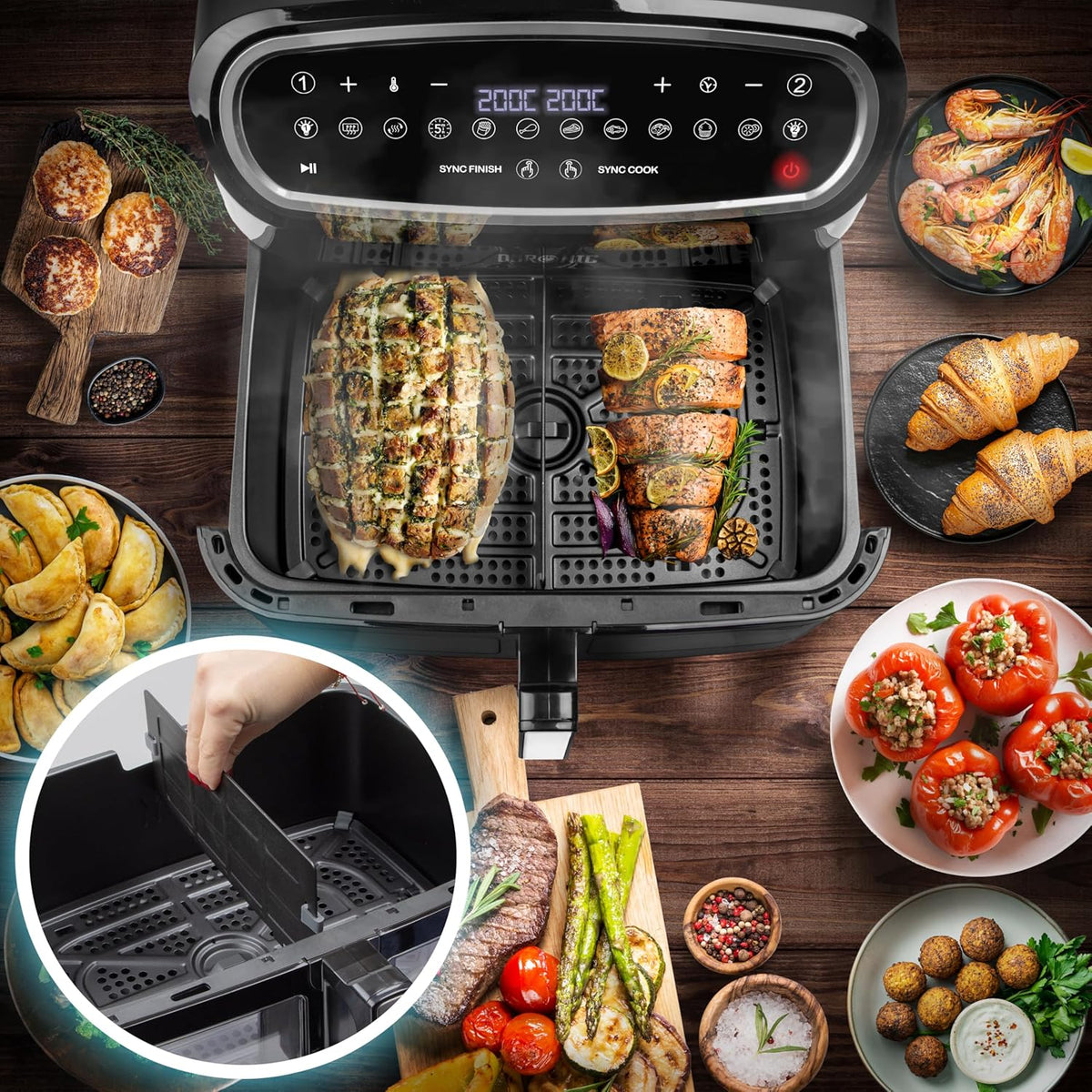 XXL Air Fryer AF34 BK 10L Digital Family Size Air Fryers Oil Free Triple Drawers 10In1 Dual Zone Extra Large Airfryer for Family Cooking with Dishwasher Safe Non-Stick Baskets Black