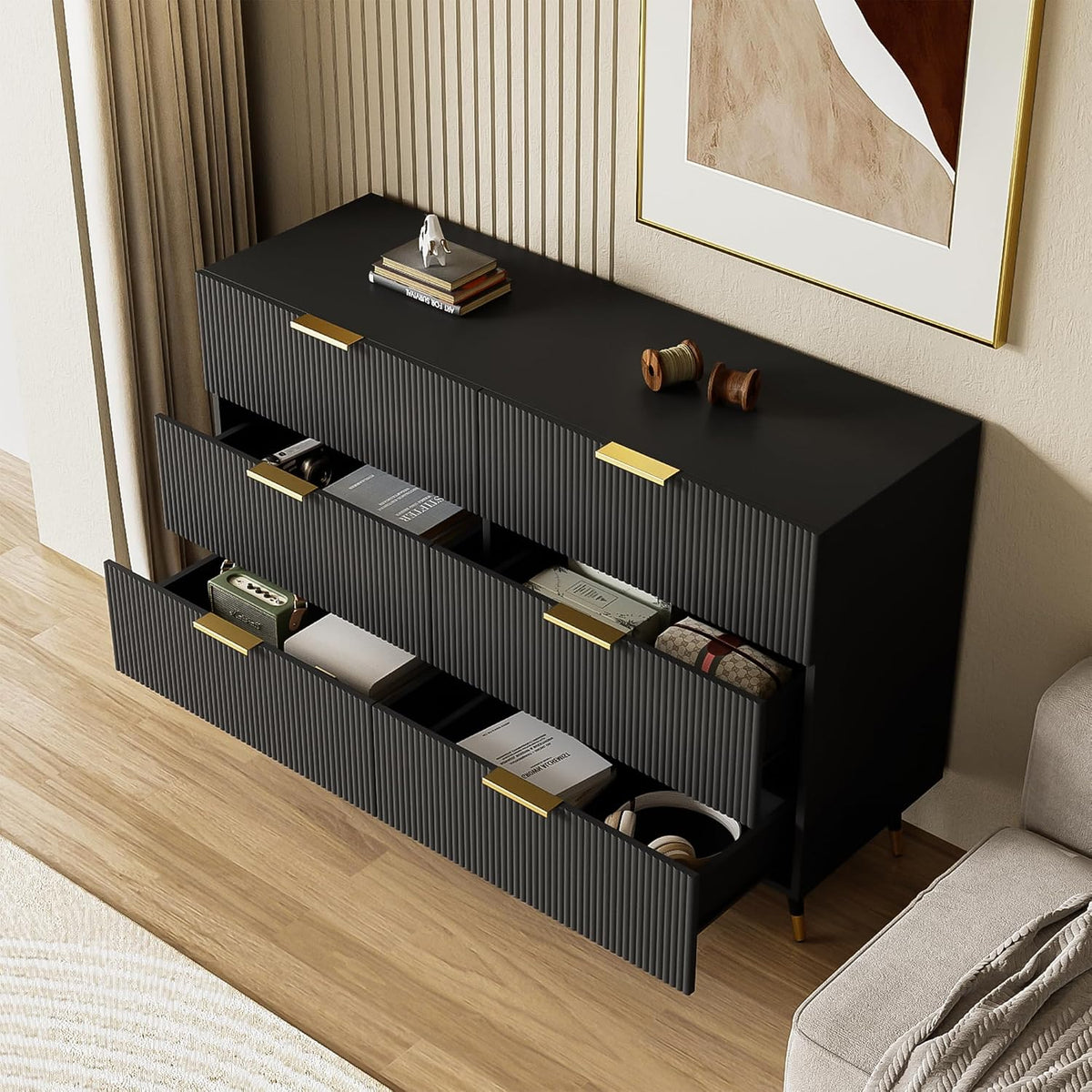 Chest of Drawers Bedroom with Elegant Golden Handles, Ample Storage Space, Stylish and Functional Sideboards for Living Room, Contemporary Storage Cabinet with Sleek Modern Design, Black