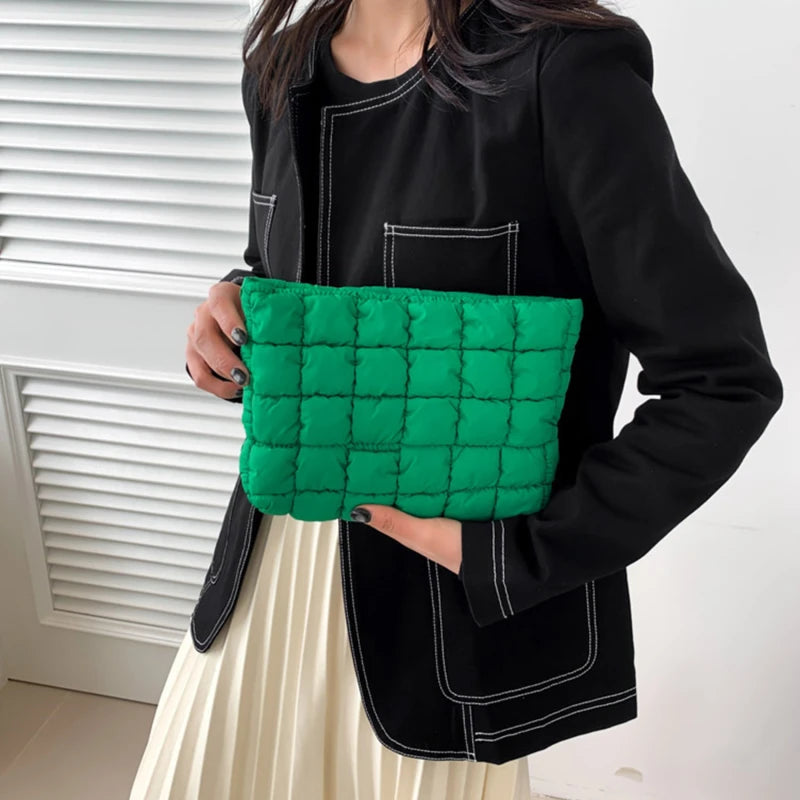 Women Cosmetic Pouch Cotton Padded Quilted Makeup Pouch Large Capacity Makeup Organizer Tote Bag Solid Color Cosmetic Handbags
