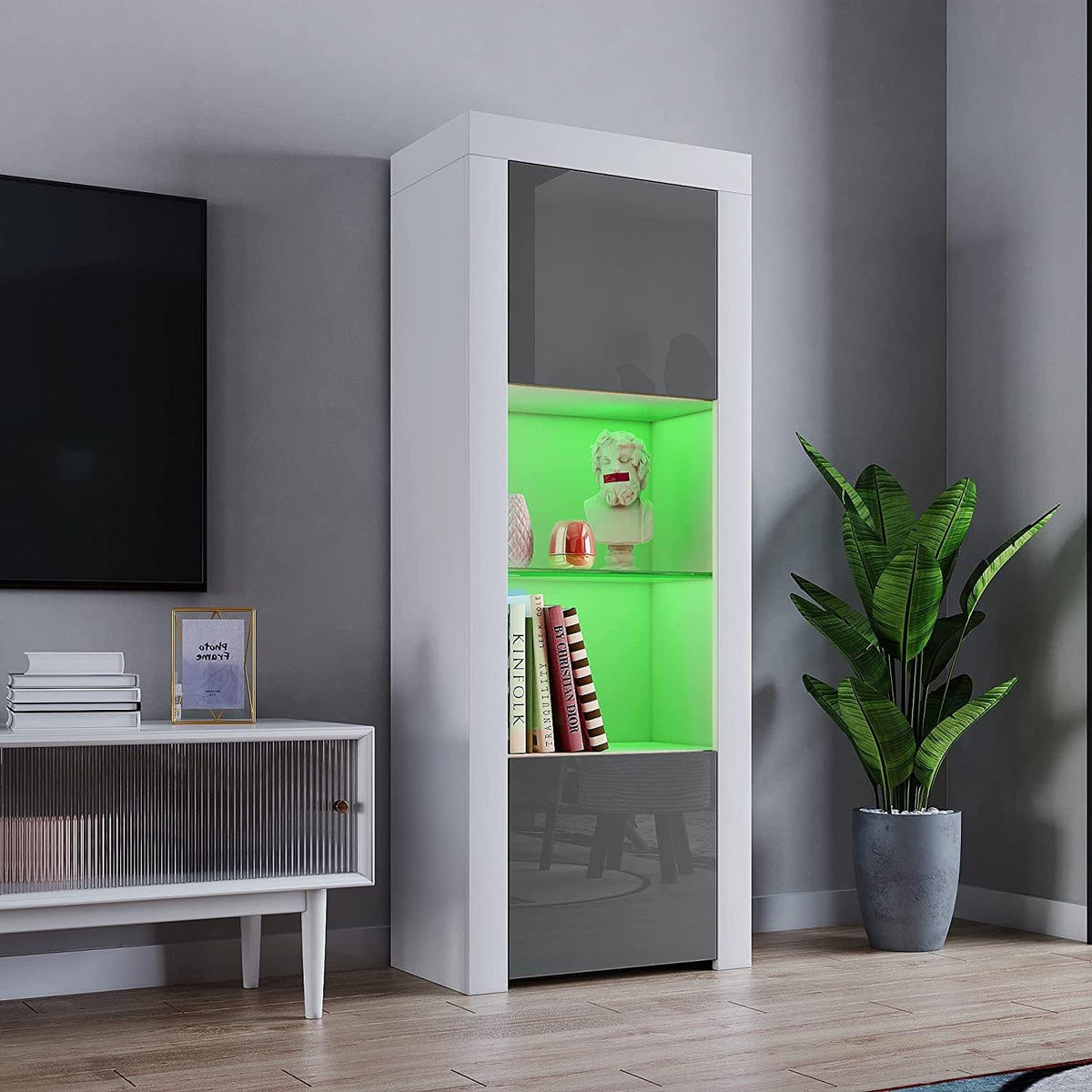 2 Door LED Tall Display Sideboards Matt Body & High Gloss Fronts Storage Cabinet with Glass Shelf for Living Dining Room W 62 X D 35 X H 160Cm (Grey with White)