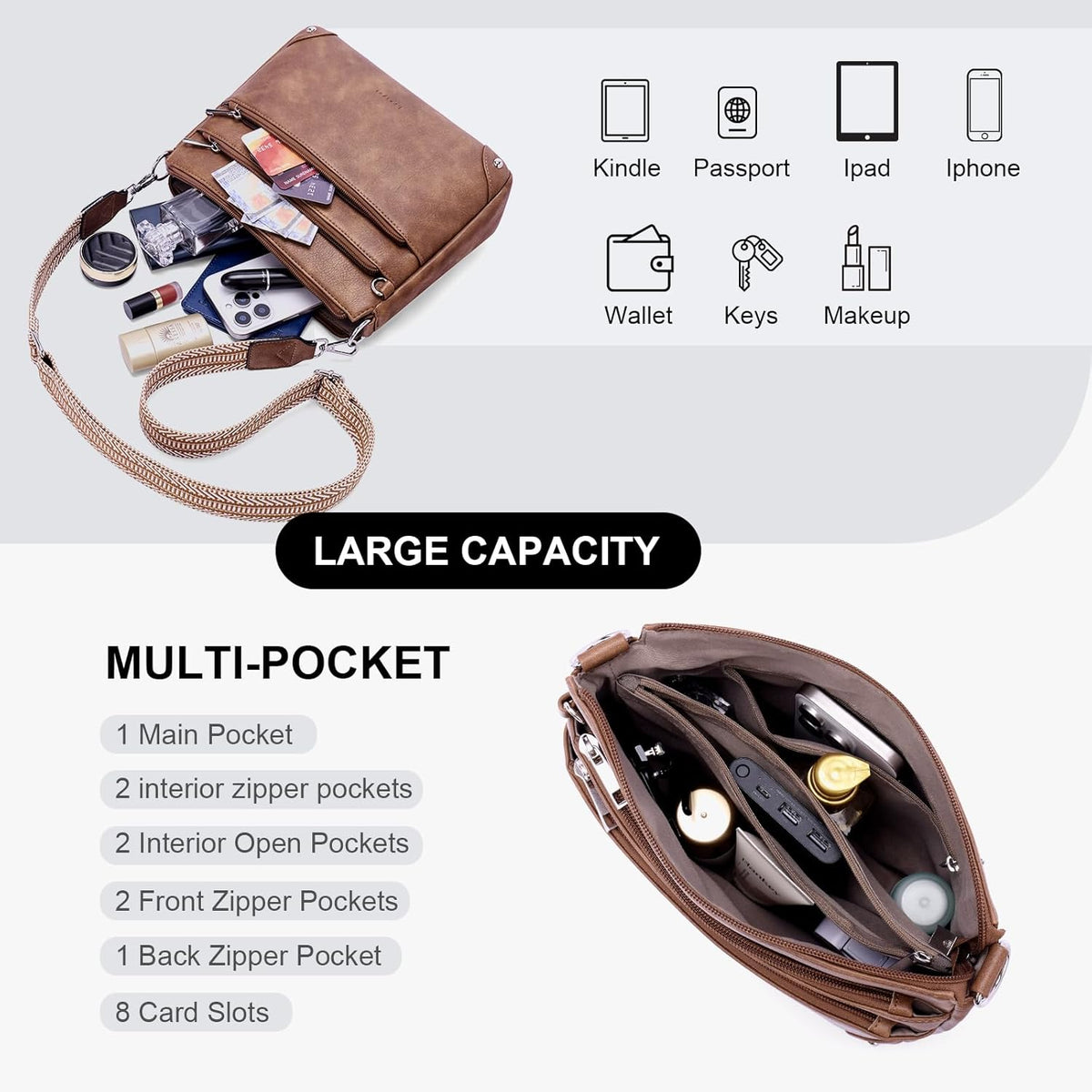 Cross Body Bag Women Rfid Travel Crossbody Bags Leather Handbags Ladies Shoulder Bag with Adjustable Strap