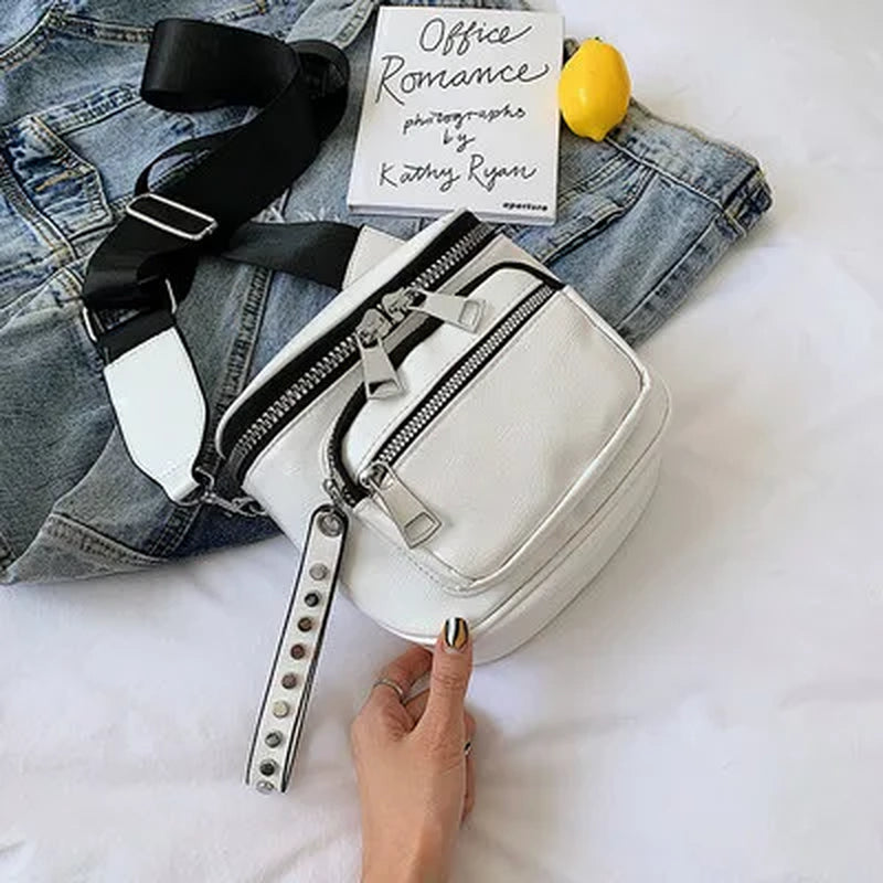 Glossy Wide Strap Women Shoulder Bag Designer Rivet Crossbody Bags for Female Handbags Silver Bolsas Feminina Black