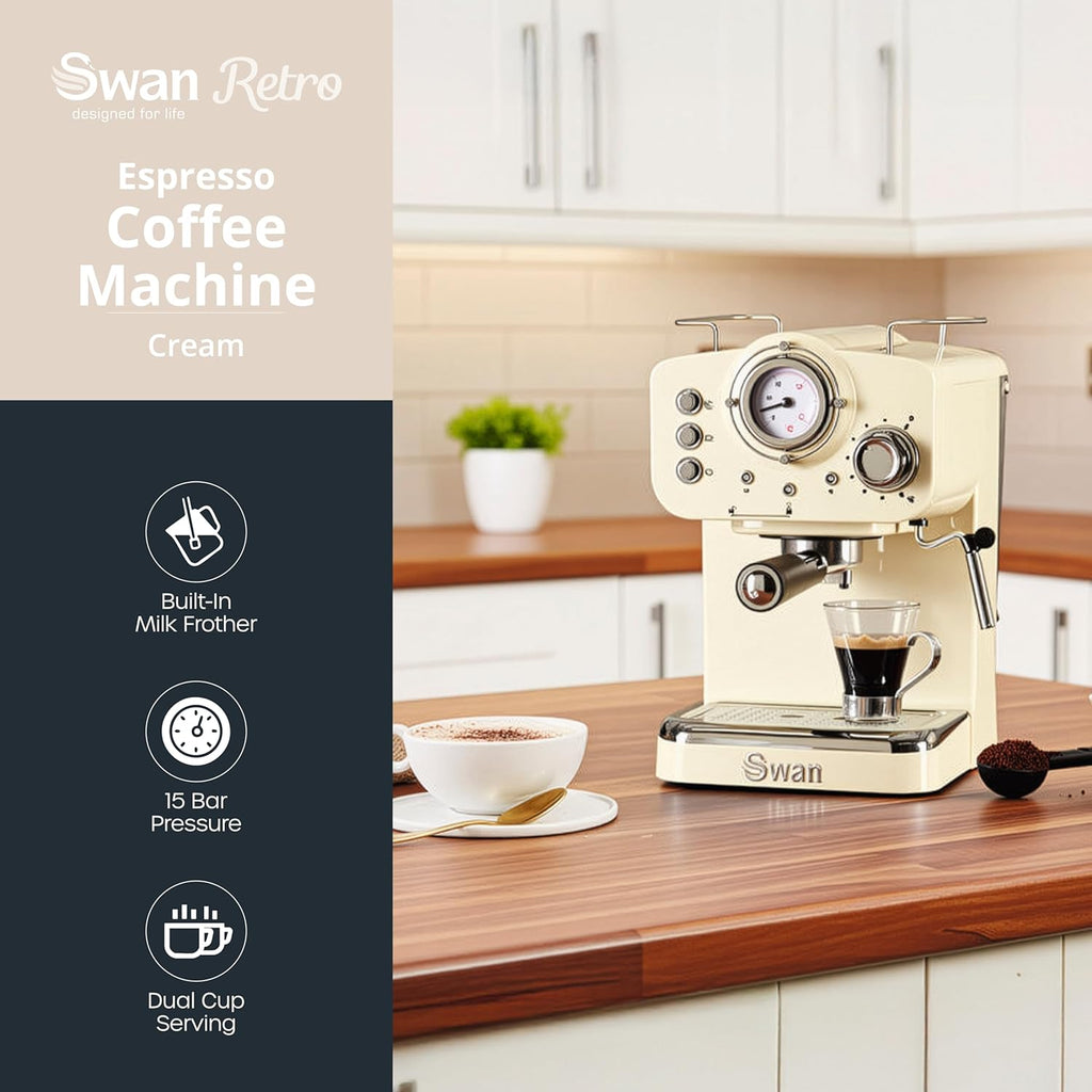 SK22110CN Retro Espresso Coffee Machine with Milk Frother, Steam Pressure Control, 1.2L Detachable Water Tank, 1100W, Retro Cream