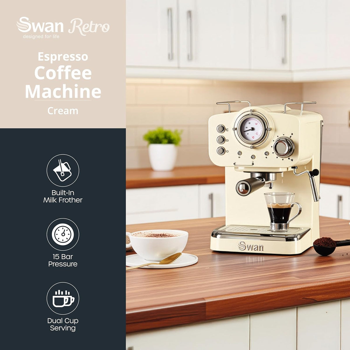 SK22110CN Retro Espresso Coffee Machine with Milk Frother, Steam Pressure Control, 1.2L Detachable Water Tank, 1100W, Retro Cream