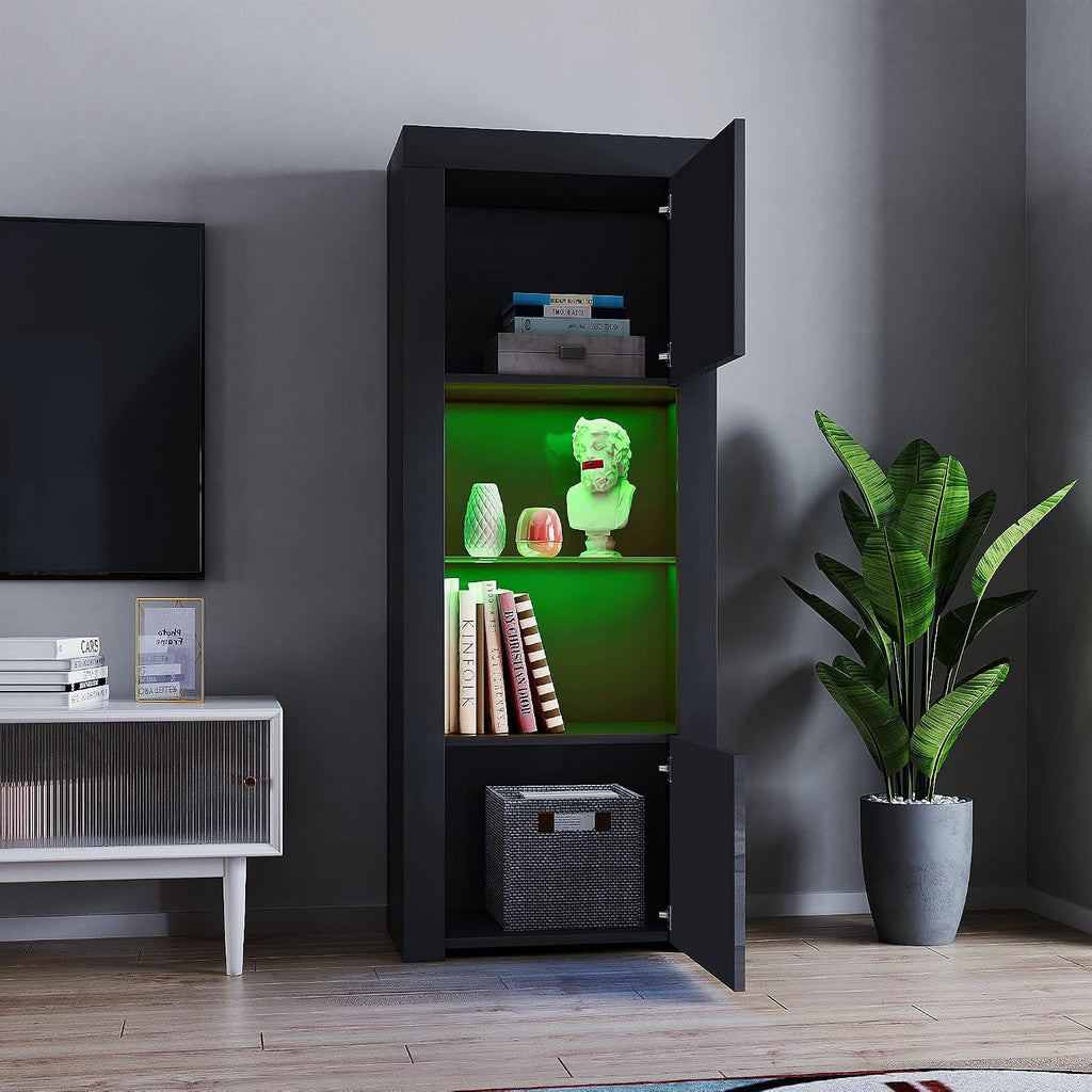 2 Door LED Tall Display Sideboards Matt Body & High Gloss Fronts Storage Cabinet with Glass Shelf for Living Dining Room W 62 X D 35 X H 160Cm (All Black)