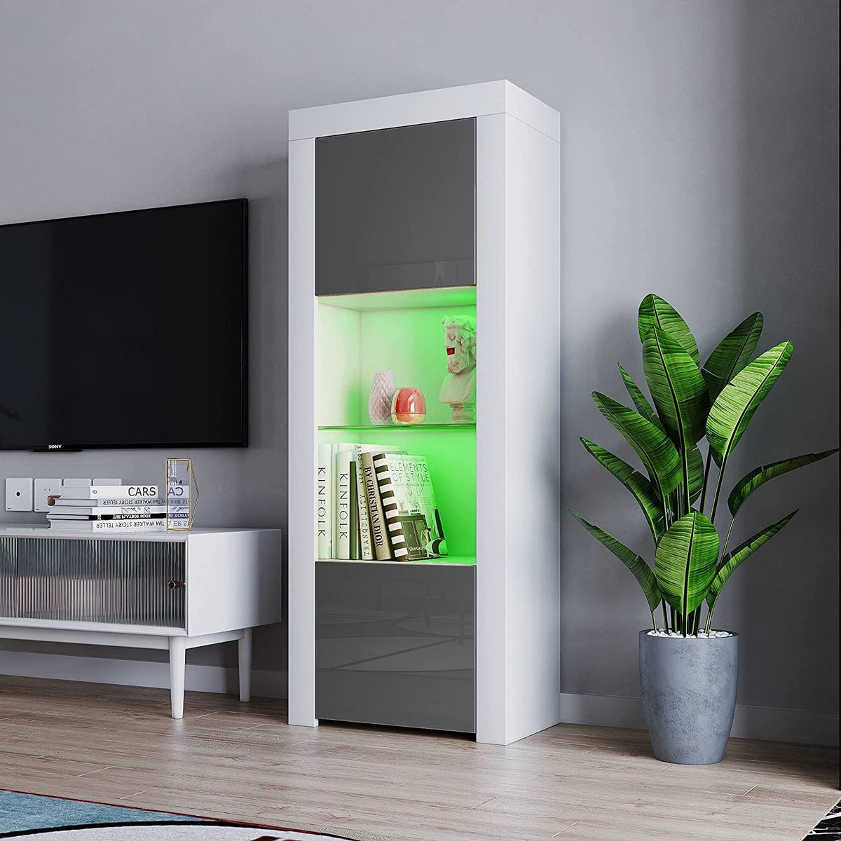 2 Door LED Tall Display Sideboards Matt Body & High Gloss Fronts Storage Cabinet with Glass Shelf for Living Dining Room W 62 X D 35 X H 160Cm (Grey with White)