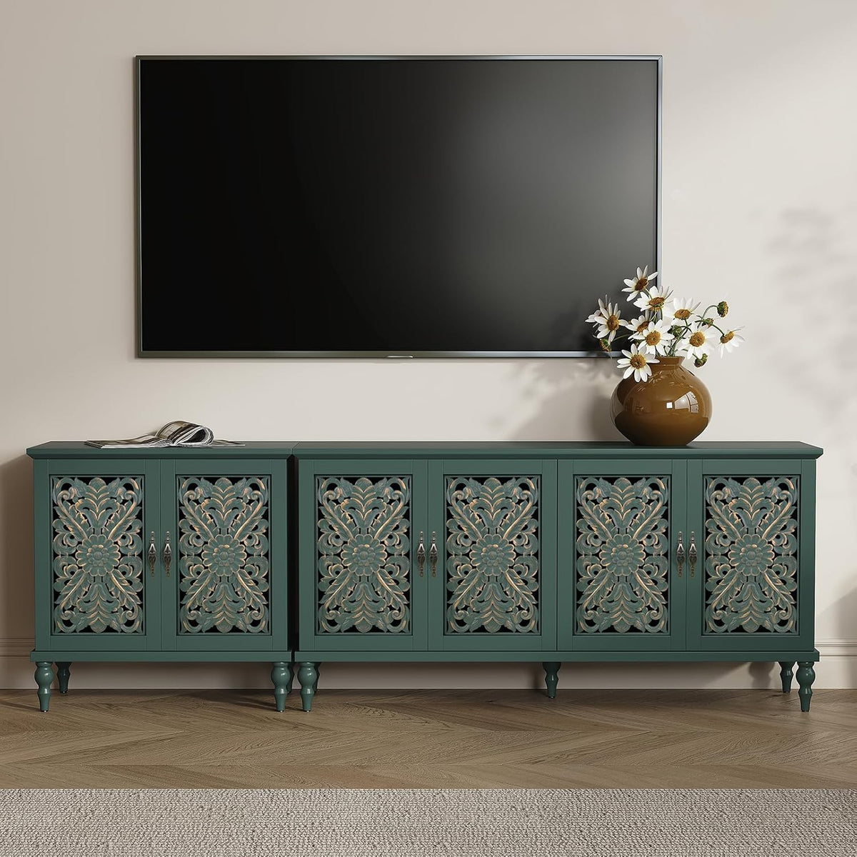 Sideboard Storage Cabinet with 4 Doors, Vintage Hollow Floral Carving Accent Cabinet, Green Wooden Buffet Storage Sideboards for Living Room, Dining Room, Hallway