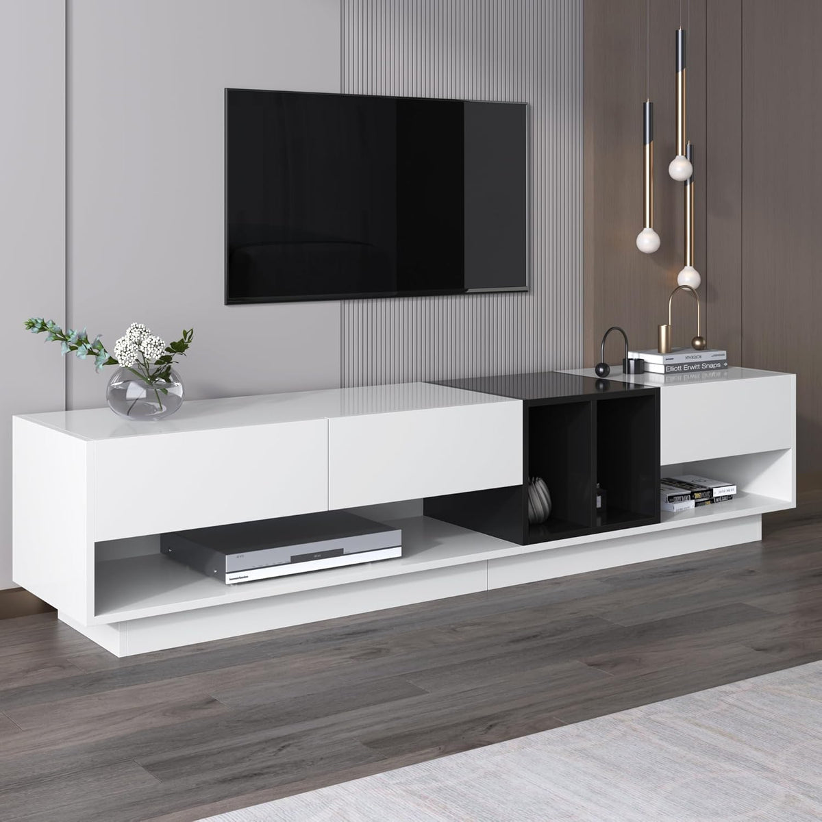 High Gloss TV Stand Cabinet with 3 Drawers and 2 Open Compartments, Multiple Storage Spaces, Stylish TV Units for Living Room, Color-Blocking Design, White and Black, 190X40X42Cm