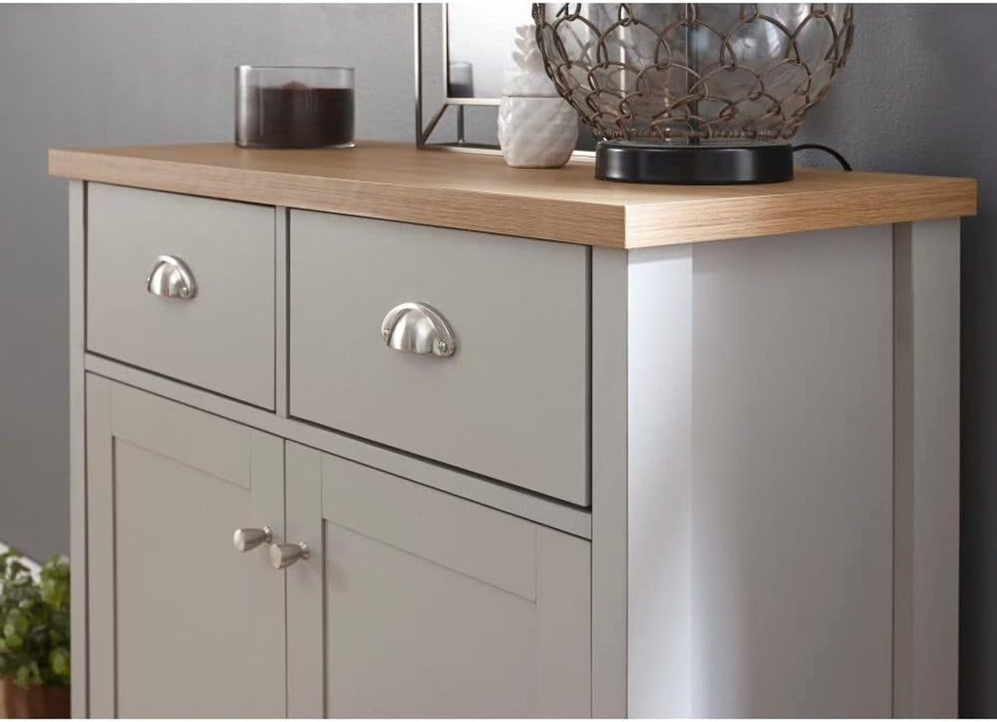 Lancaster Compact Sideboard with 2 Drawers & Double Door Cupboard, Grey & Oak Effect Storage Cabinet for Living Room, Dining Room or Hallway