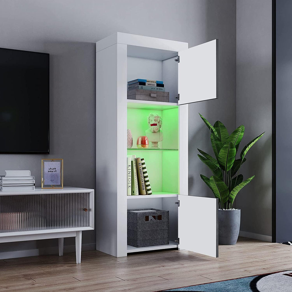 2 Door LED Tall Display Sideboards Matt Body & High Gloss Fronts Storage Cabinet with Glass Shelf for Living Dining Room W 62 X D 35 X H 160Cm (Grey with White)