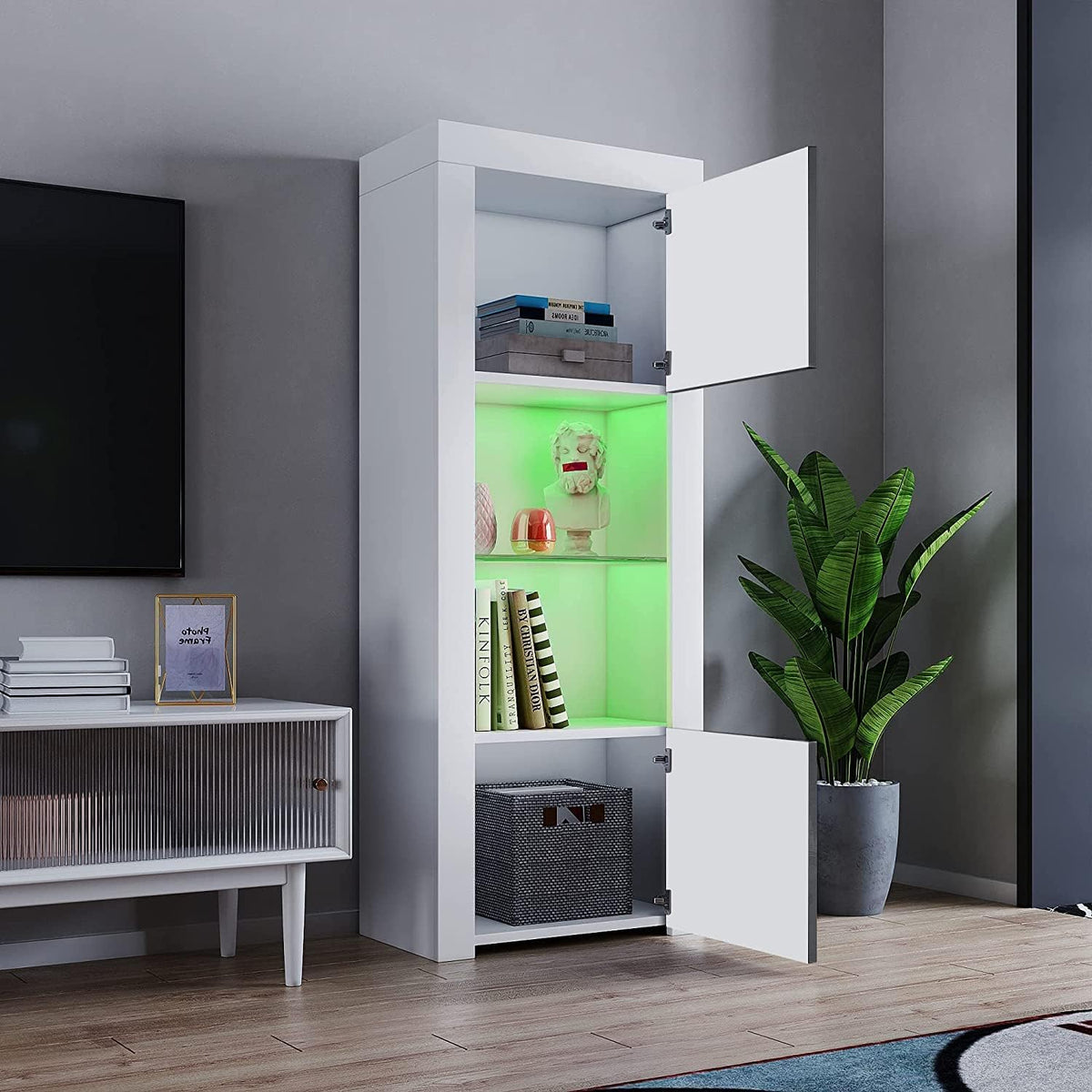 2 Door LED Tall Display Sideboards Matt Body & High Gloss Fronts Storage Cabinet with Glass Shelf for Living Dining Room W 62 X D 35 X H 160Cm (Grey with White)