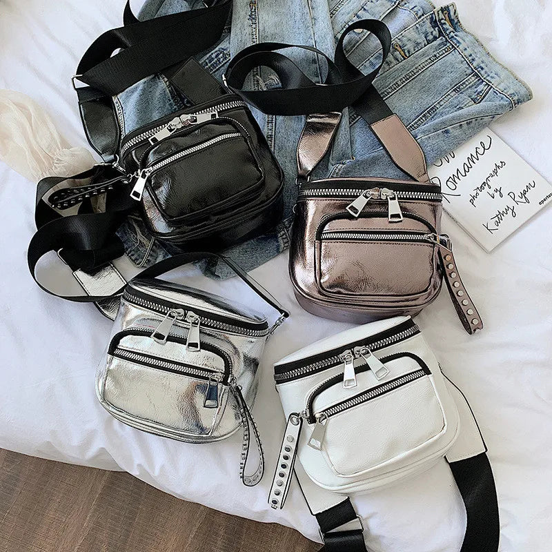 Glossy Wide Strap Women Shoulder Bag Designer Rivet Crossbody Bags for Female Handbags Silver Bolsas Feminina Black