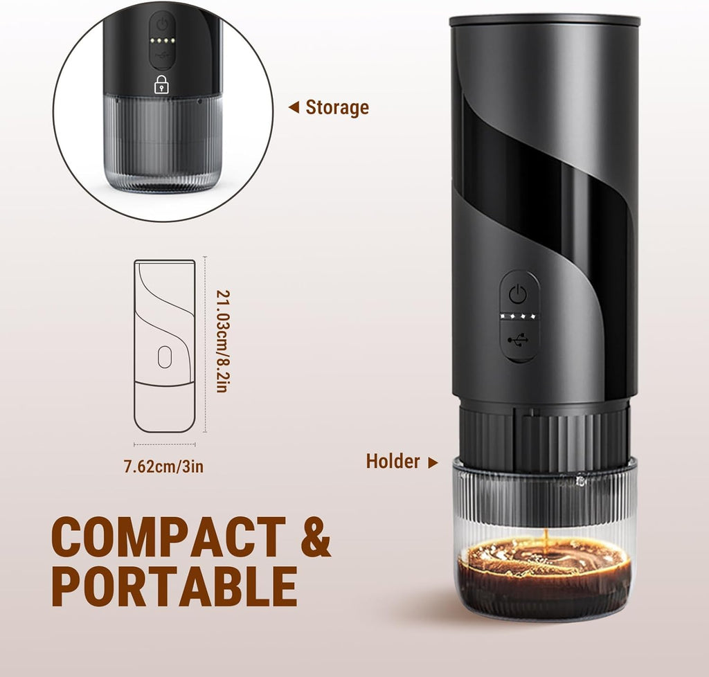 2 in 1 Portable Electric Coffee Maker None Self-Heating, 20-Bar Portable Espresso Maker Rechargable, Travel Coffee Maker for Car, Camping, Office, Compatible with Coffee Powder and Nespresso Capsule