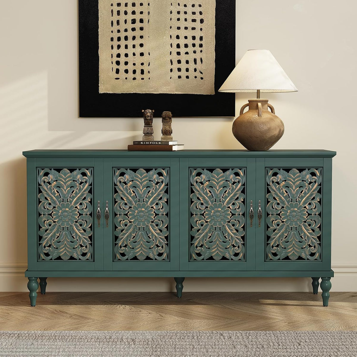 Sideboard Storage Cabinet with 4 Doors, Vintage Hollow Floral Carving Accent Cabinet, Green Wooden Buffet Storage Sideboards for Living Room, Dining Room, Hallway