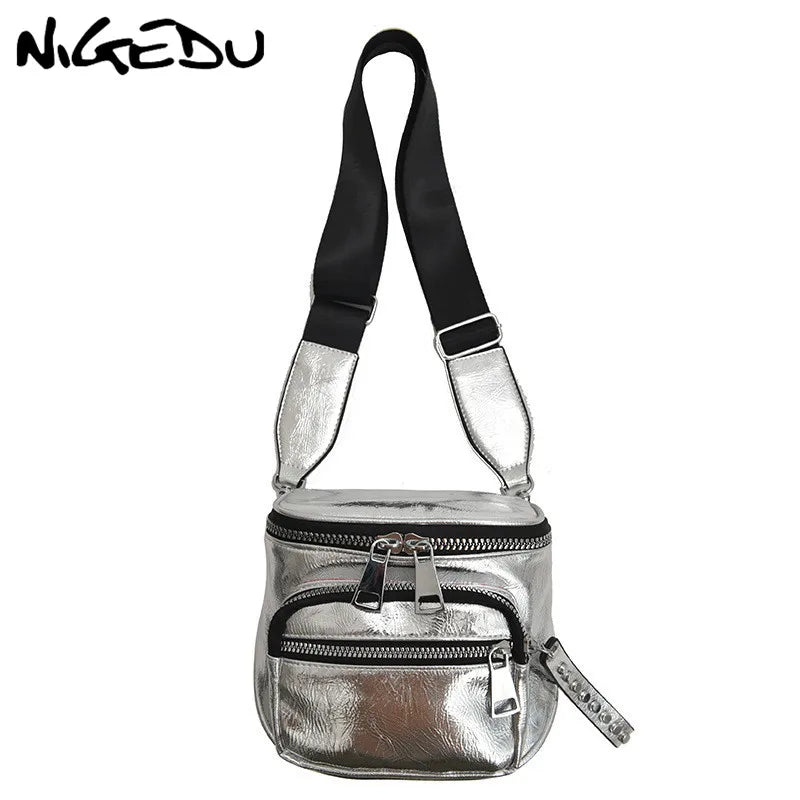 Glossy Wide Strap Women Shoulder Bag Designer Rivet Crossbody Bags for Female Handbags Silver Bolsas Feminina Black